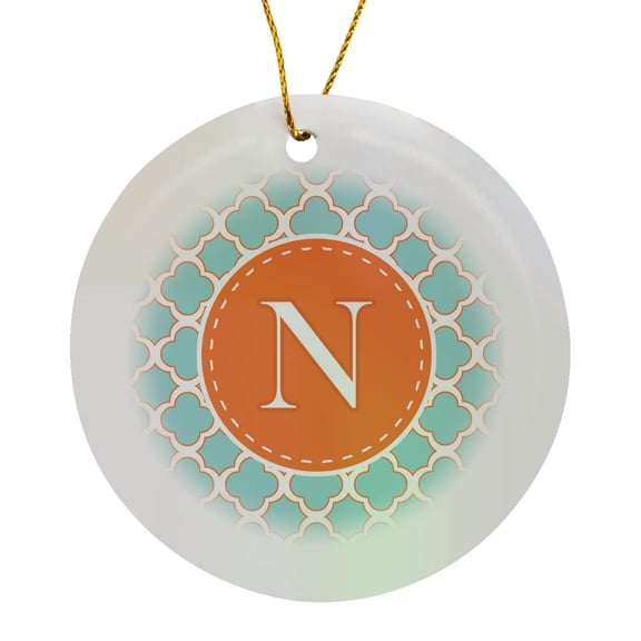 Letter N Monogram Orange And Blue Quatrefoil Pattern, Circle Porcelain Ornament
