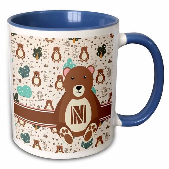 3drose, Letter N Personal Monogram Bear Animal Pattern - Personalized Initial, 11oz Two-tone Blue Mug