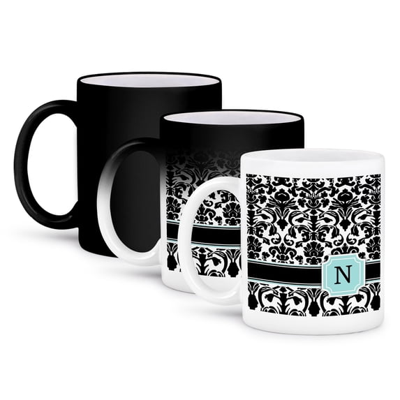 3dRose, Letter N personal monogrammed mint blue black and white damask pattern - classy personalized initial, 11oz Magic Transforming Mug