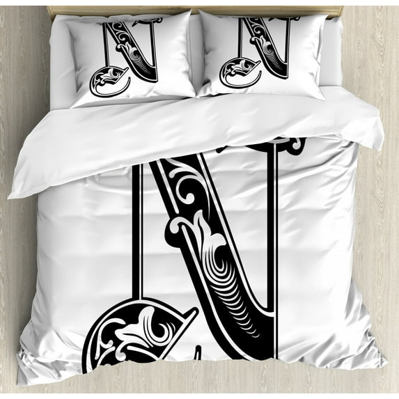Letter N Queen Size Duvet Cover Set, Gothic Victorian Style Typography Classic Capital Character N with Floral Swirls, Decorative 3 Piece Bedding Set with 2 Pillow Shams, Black White, by Ambesonne