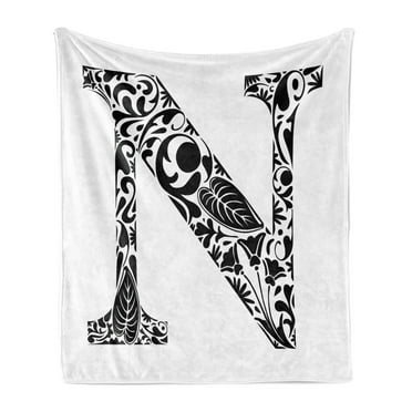 Letter N Soft Flannel Fleece Blanket, Black and White Floral Arrangement Pattern Flowers Petals Stalks and Leaves Print, Cozy Plush for Indoor and Outdoor Use, 50" x 60", Black White, by Ambesonne
