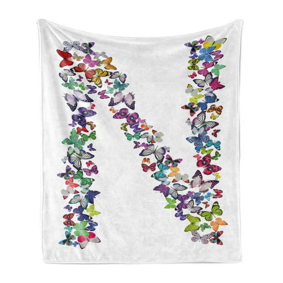 Letter N Soft Flannel Fleece Blanket, Butterflies in Various Color Combinations in Capitalized N Shape Alphabet Design, Cozy Plush for Indoor and Outdoor Use, 60" x 80", Multicolor, by Ambesonne
