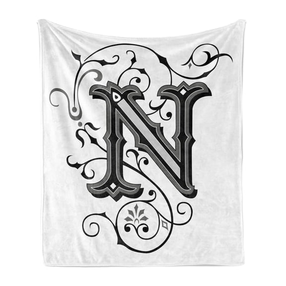 Letter N Soft Flannel Fleece Blanket, Middle Ages Inspired Capital N Abstract Elements Black Dark Colored Palette, Cozy Plush for Indoor and Outdoor Use, 50" x 60", Black Grey White, by Ambesonne