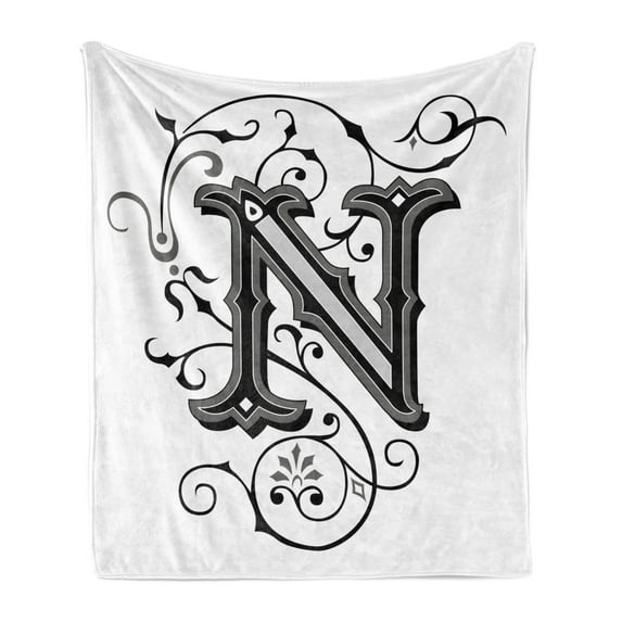 Letter N Soft Flannel Fleece Blanket, Middle Ages Inspired Capital N Abstract Elements Black Dark Colored Palette, Cozy Plush for Indoor and Outdoor Use, 50" x 70", Black Grey White, by Ambesonne