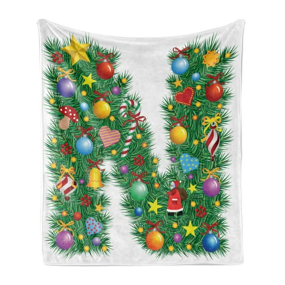 Letter N Soft Flannel Fleece Throw Blanket, Capital N in Green Color with Coniferous Leaves Bells Bowknots Hearts and Stars, Cozy Plush for Indoor and Outdoor Use, 50" x 70", Multicolor, by Ambesonne