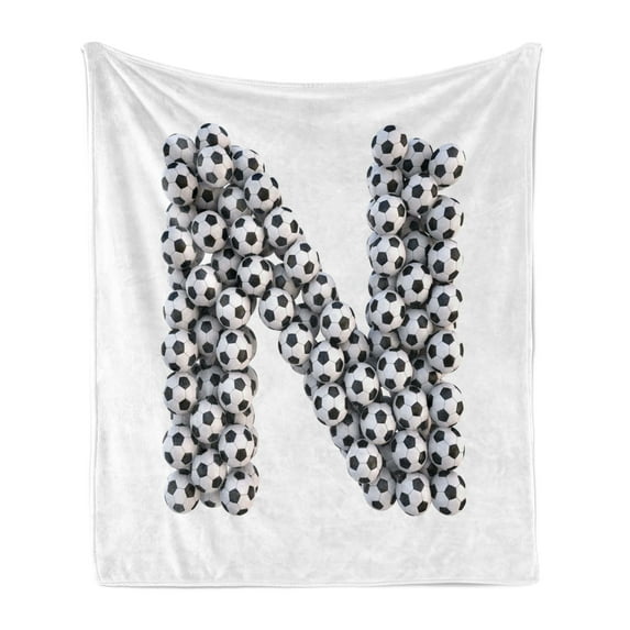 Letter N Soft Flannel Fleece Throw Blanket, Hexagon Motifs Soccer Balls N Alphabet Composition Uppercase Illustration, Cozy Plush for Indoor and Outdoor Use, 60" x 80", Black and White, by Ambesonne