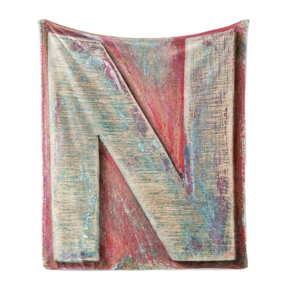 Letter N Soft Flannel Fleece Throw Blanket, Sketch Style Colorful Typography Soft Featured Grunge Character, Cozy Plush for Indoor and Outdoor Use, 50" x 70", Dark Coral Ivory Seafoam, by Ambesonne
