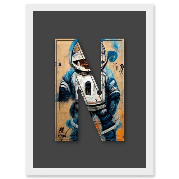 Letter N Space Man Decorative Graffiti Mural Alphabet Initial Stencil Artwork Framed Wall Art Print A4