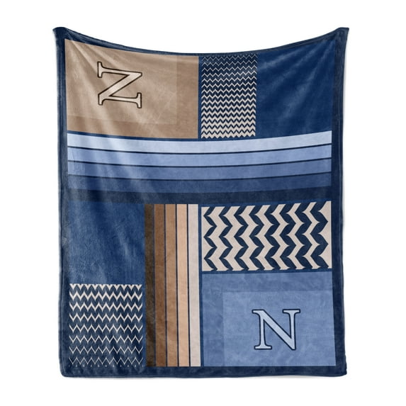 Letter N Throw Blanket, Gradient Colors and Curvy Leafs Stylish ABC with Abstract and Modern Art, Flannel Fleece Accent Piece Soft Couch Cover for Adults, 50" x 60", Night Blue Eggshell, by Ambesonne