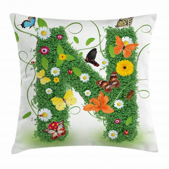 Letter N Throw Pillow Cushion Cover, Chamomile Daisy Gerbera Blooms and Green Leaves Colorful Butterflies Nature, Decorative Square Accent Pillow Case, 16 X 16 Inches, Green Multicolor, by Ambesonne
