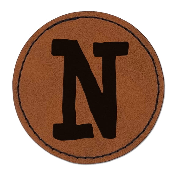 Letter N Uppercase Cute Typewriter Font 2.5" Faux Leather Round Engraved Iron-On Patch - Brown