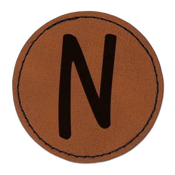 Letter N Uppercase Felt Marker Font 2.5" Faux Leather Round Engraved Iron-On Patch - Brown
