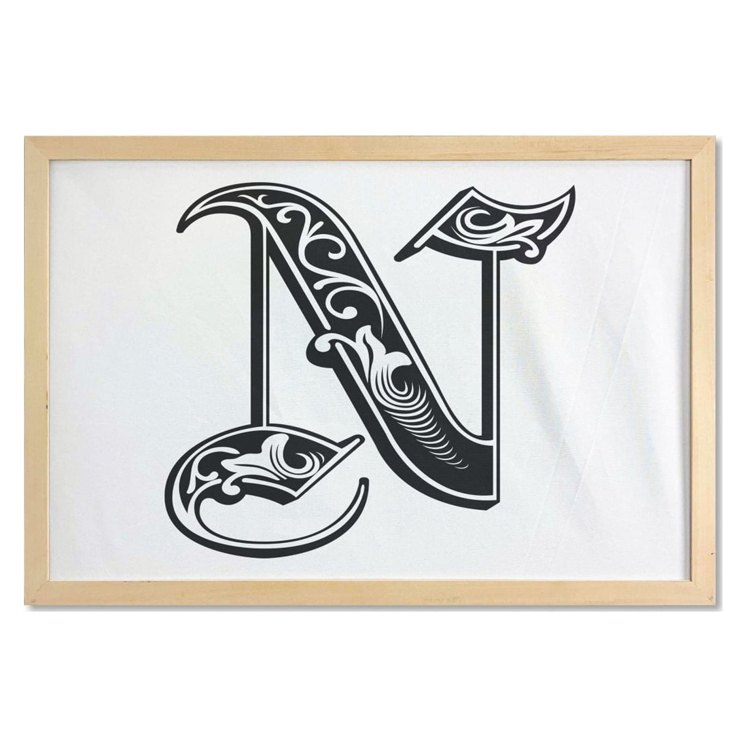 Letter N Wall Art with Frame, Gothic Victorian Style Typography Classic