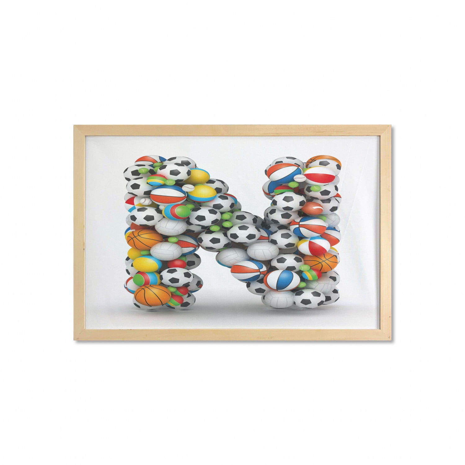 Letter N Wall Art with Frame, Sports Equipment Football Volleyball