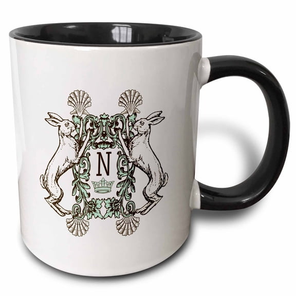 3drose, Letter N- White Rabbits Monogram with Shells and Crown, 11oz Two-tone Black Mug