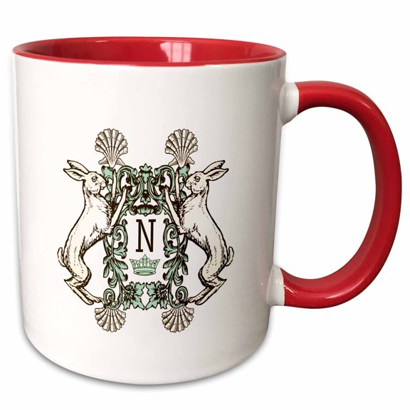 3drose, Letter N- White Rabbits Monogram with Shells and Crown, 11oz Two-tone Red Mug