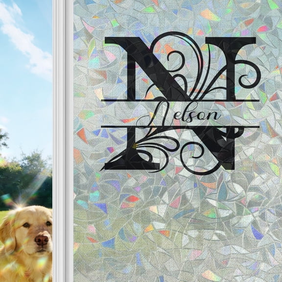 Letter N Window Privacy Film Stain Glass, Reusable Decorative Rainbow Window Film, Monogram Words Non-Adhesive Static Cling Sun Blocking Stickers Decals Covers 17.7" x 39.3" (2pcs)