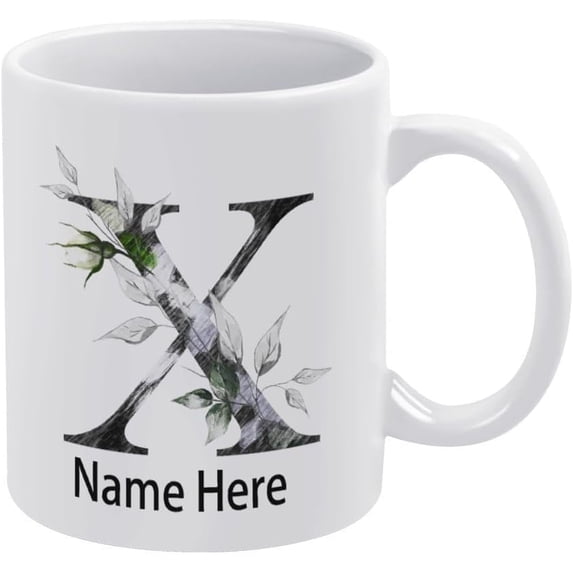 Letter Name Mug 11oz Flower A-Z Personalized Coffee Mug, Alphabet Ceramic Coffee Mug, Birthday Gifts for Women, Mom, Best Friend, Bride, Bridesmaid Gift, White Tea Cup, Alphabet Mug Gift (X)