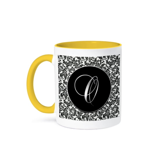 3dRose, Letter O - Black and White Damask, 11oz Two-Tone Yellow Mug