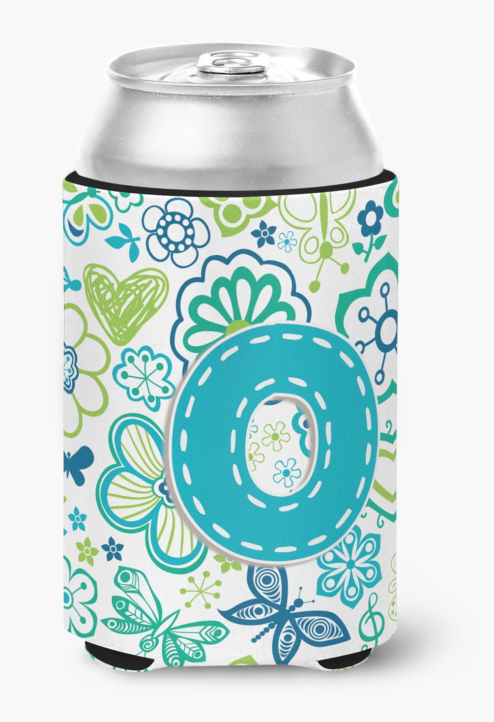Letter O Flowers and Butterflies Teal Blue Can or Bottle Hugger