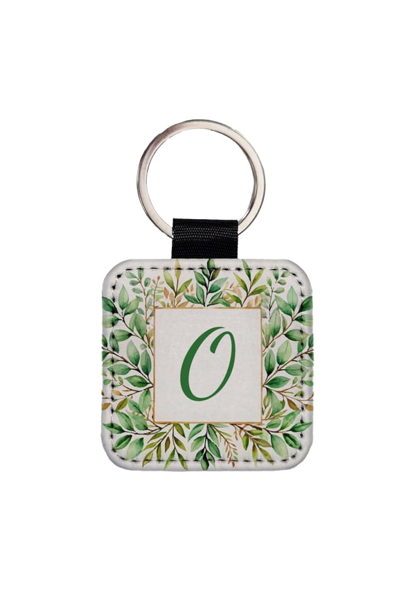 Letter O Initial Monogram Frame Leaf Faux Leather Square Keychain