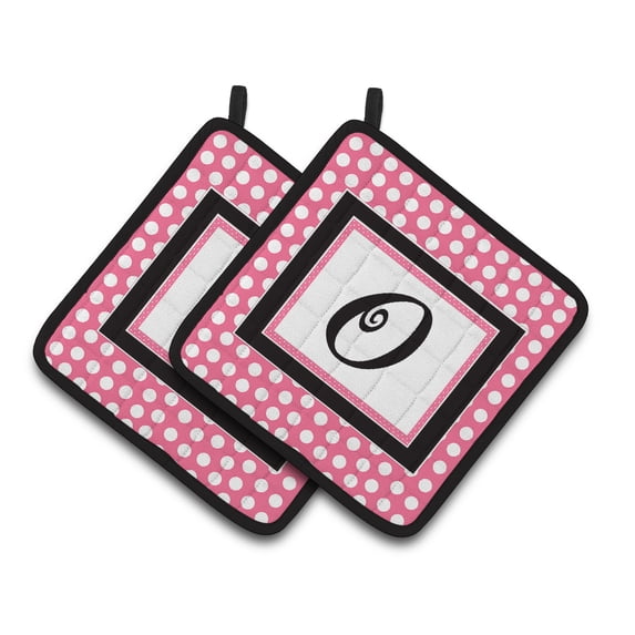 Letter O Monogram - Pink Black Polka Dots Pair of Pot Holders