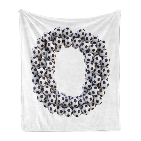 Letter O Soft Flannel Fleece Blanket, Round Oval Arrangement of Soccer Balls Sporting Theme Match Day Illustration, Cozy Plush for Indoor and Outdoor Use, 70" x 90", Black and White, by Ambesonne