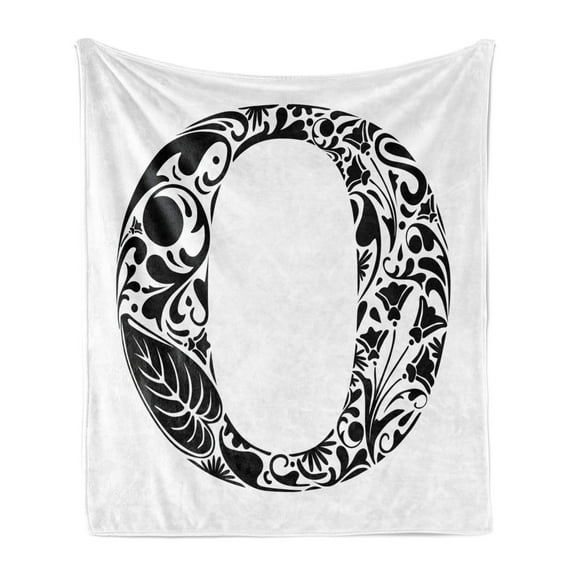 Letter O Soft Flannel Fleece Throw Blanket, Monochromatic Design Uppercase O with Classical Leaf and Flower Natural Motifs, Cozy Plush for Indoor and Outdoor Use, 50" x 60", Black White, by Ambesonne