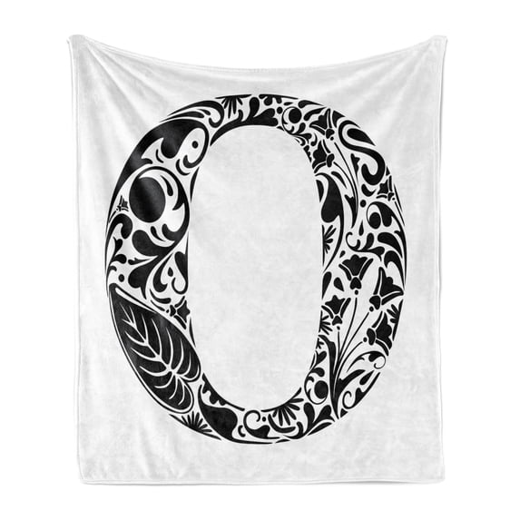 Letter O Soft Flannel Fleece Throw Blanket, Monochromatic Design Uppercase O with Classical Leaf and Flower Natural Motifs, Cozy Plush for Indoor and Outdoor Use, 50" x 70", Black White, by Ambesonne