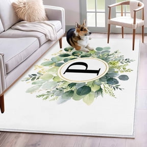 Letter P Area Rugs 3x5 ft Alphabet Green Eucalyptus Leaves Plant Simple Washable Rug Non Slip Indoor Carpet Absorbent Floor Mat for Living Room Bedroom Dining Room