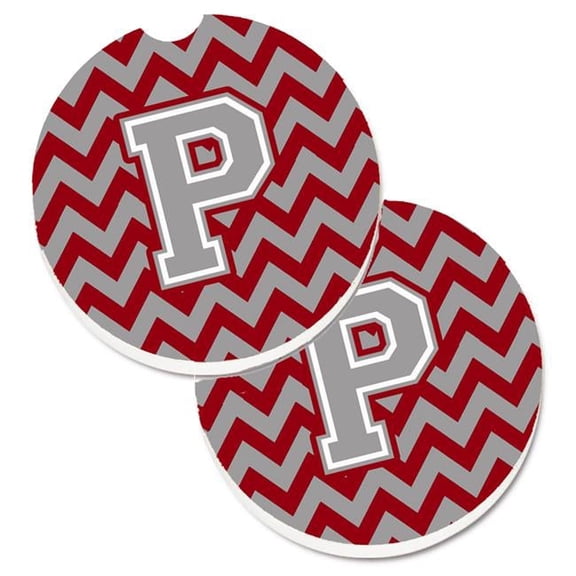 Letter P Chevron Crimson & Grey Set of 2 Cup Holder Car Coaster