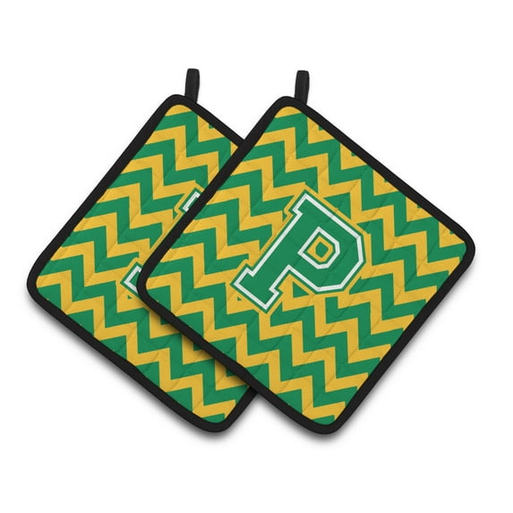 Letter P Chevron Green and Gold Pair of Pot Holders