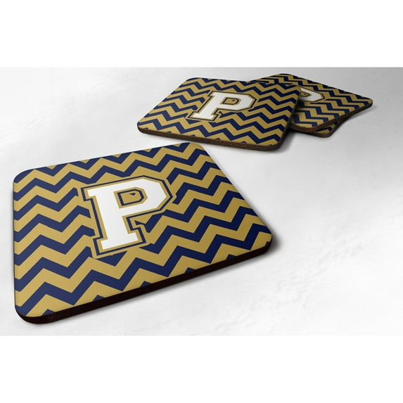 Letter P Chevron Navy Blue and Gold Foam Coaster Set of 4