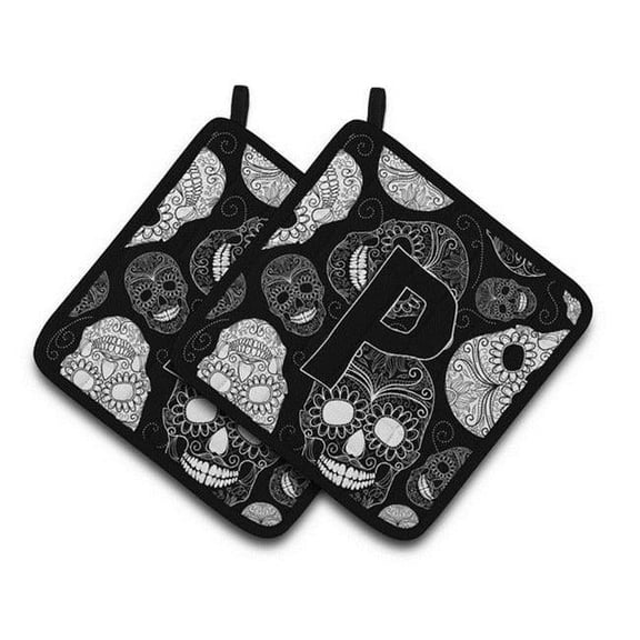 Letter P Day of the Dead Skulls Black Pair of Pot Holders
