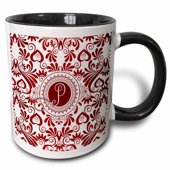 3drose, Letter P Encircled with Deep Ruby Red Swirls and White, 11oz Two-tone Black Mug