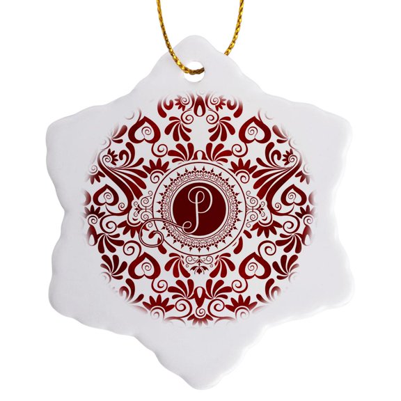 3drose, Letter P Encircled with Deep Ruby Red Swirls and White, 3 inch Snowflake Porcelain Ornament