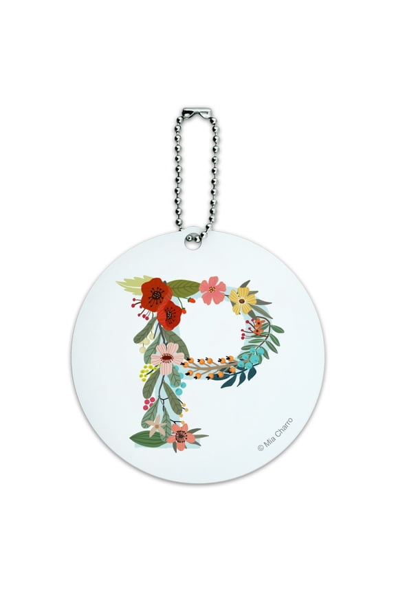 Letter P Floral Monogram Initial Round Luggage ID Tag Card Suitcase Carry-On