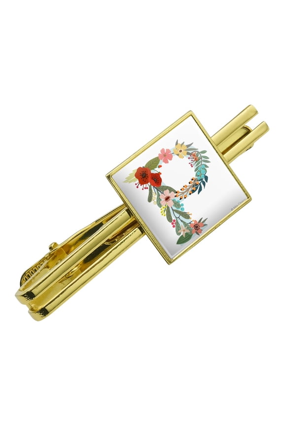 Letter P Floral Monogram Initial Square Tie Bar Clip Clasp Tack- Silver or Gold