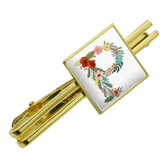 Letter P Floral Monogram Initial Square Tie Bar Clip Clasp Tack- Silver or Gold