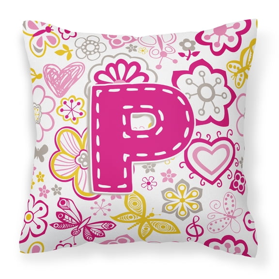 Letter P Flowers and Butterflies Pink Fabric Decorative Pillow