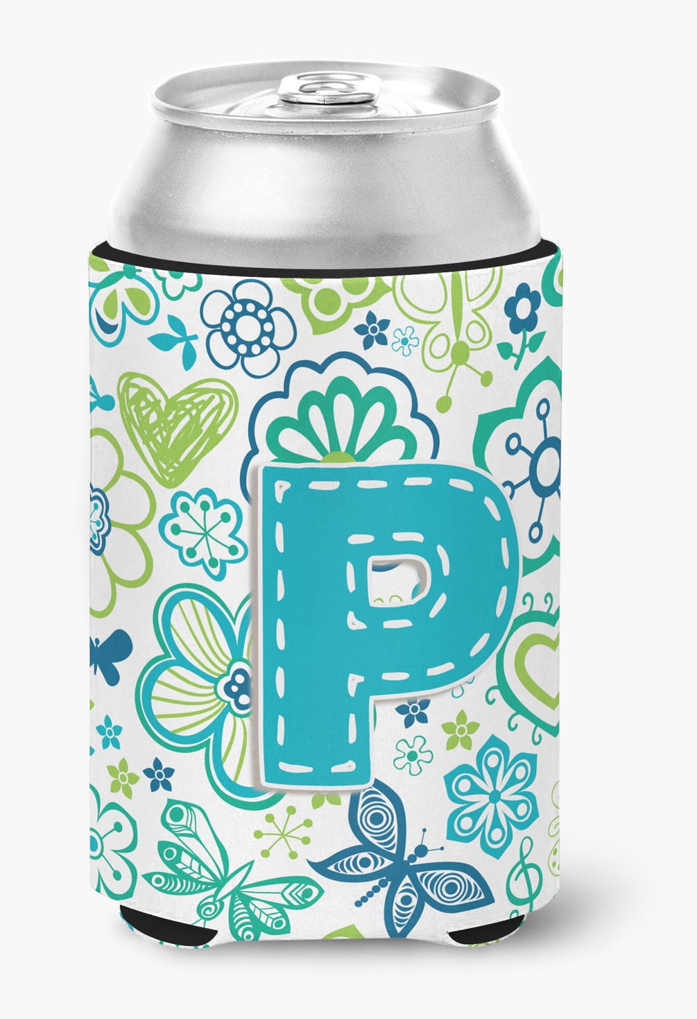 Letter P Flowers and Butterflies Teal Blue Can or Bottle Hugger