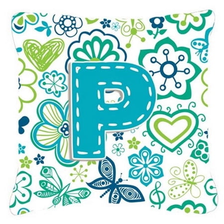 Letter P Flowers and Butterflies Teal Blue Canvas Fabric Decorative Pillow CJ2006-PPW1818