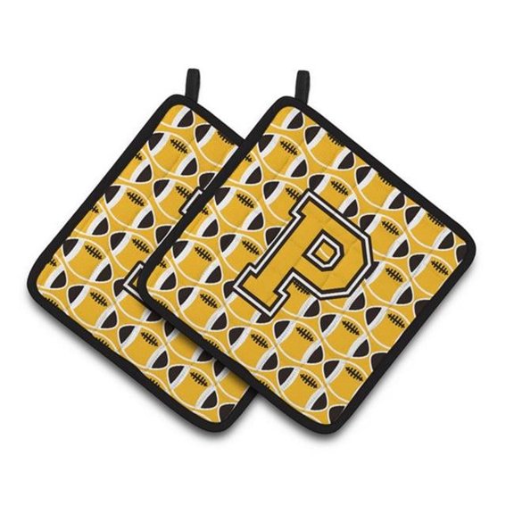 Letter P Football Black - Old Gold & White Pair of Pot Holders