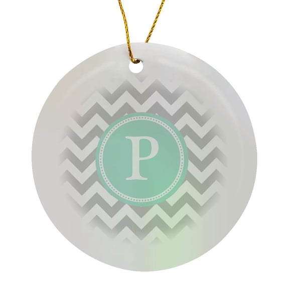 3drose, Letter P Grey and White Chevron with Mint Monogram Personal Initial P, Circle Porcelain Ornament