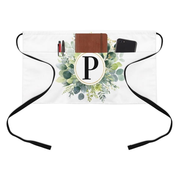 Letter P Half Waist Apron Alphabet Green Eucalyptus Leaves Plant Simple Short Waiter Aprons with 3 Pockets for Women Men Kitchen Restaurant Cooking