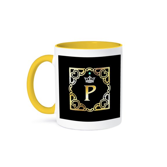 3drose, Letter P- Image of Monogram with Crown and Blue Star- Not Metal Foil, 11oz Two-tone Yellow Mug