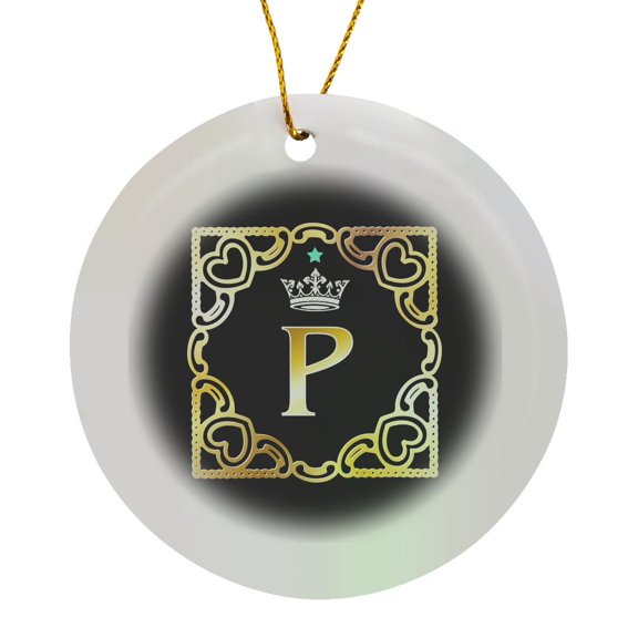 3drose, Letter P- Image of Monogram with Crown and Blue Star- Not Metal Foil, Circle Porcelain Ornament