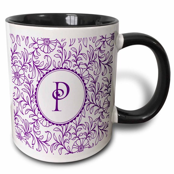 3drose, Letter P in Circle Over Swirly Floral Pattern in Purple and White, 11oz Two-tone Black Mug
