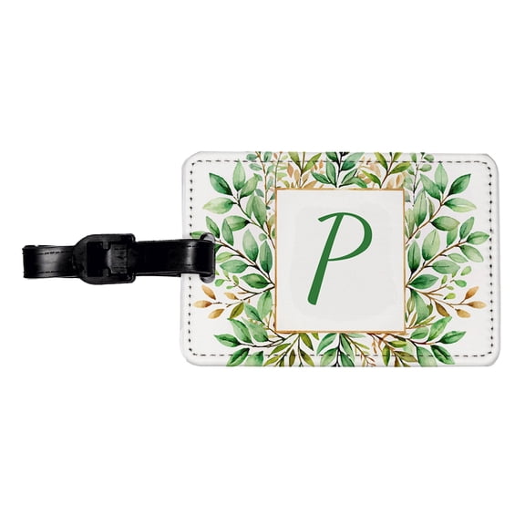 Letter P Initial Monogram Frame Leaf Faux Leather Travel Luggage Tag