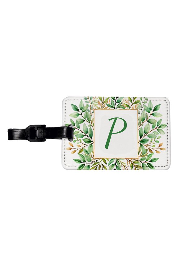 Letter P Initial Monogram Frame Leaf Faux Leather Travel Luggage Tag